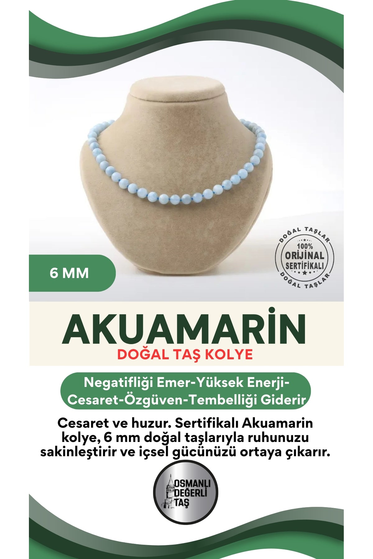 Sertifikalı Akuamarin Doğaltaş Kolye 6 Mm, M556