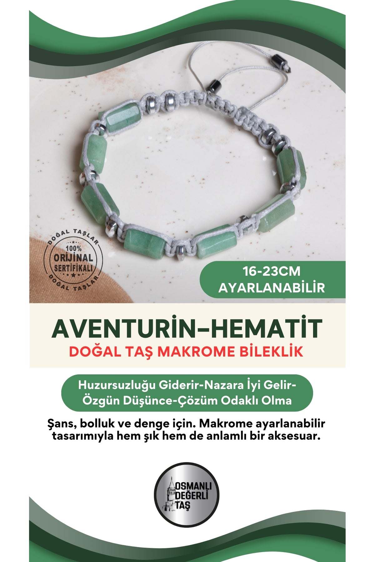 SERTİFİKALI Aventurin-Hematit Doğal Taş Makrome Ayarlanabilir Zirkon Aparatlı Bileklik