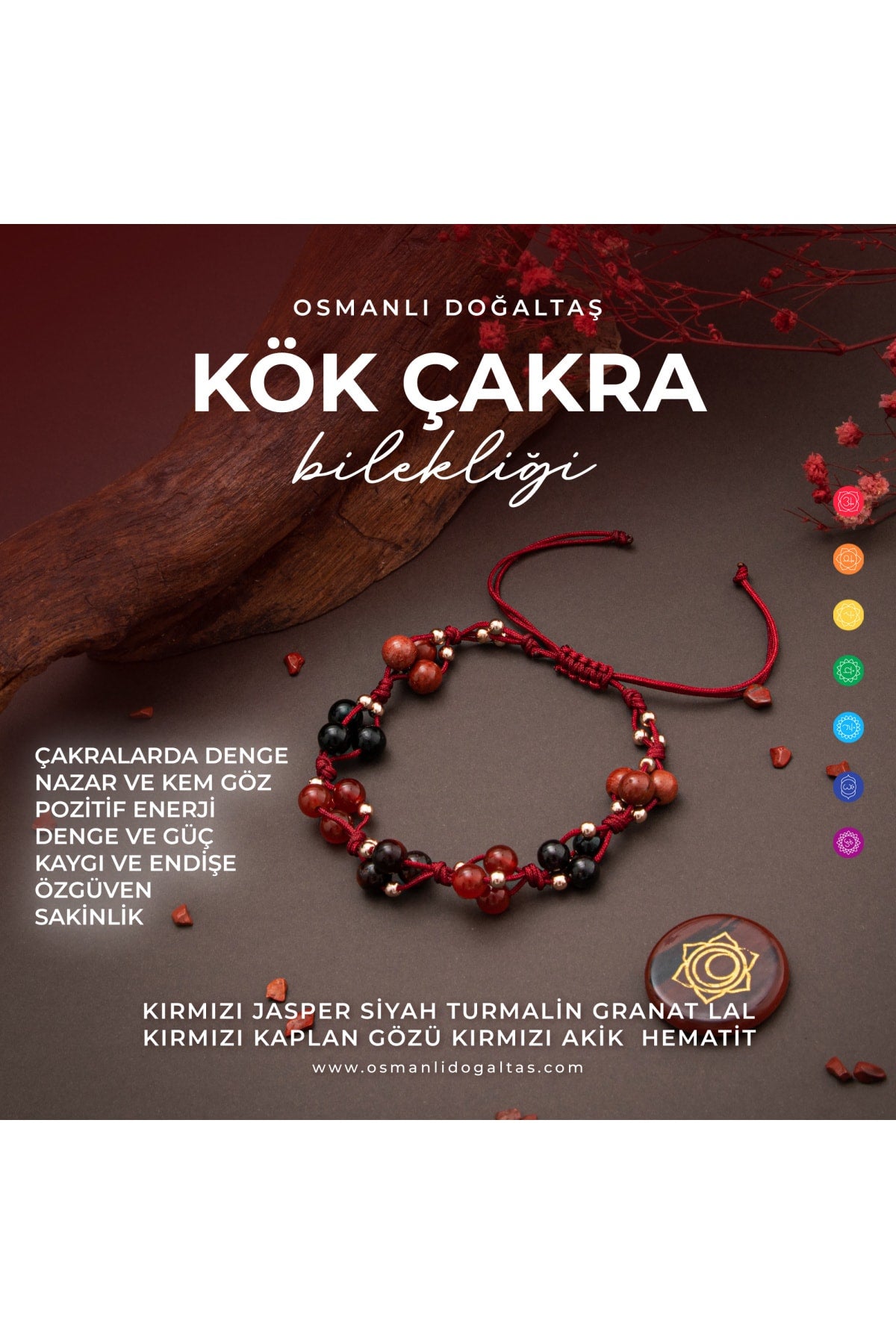 Sertifikalı Kök Çakra Bölgesi Kırmızı Akik, Siyah Turmalin, Granat Lal Doğal Taşlı Makrome Bileklik