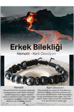 Erkek Bilekliği Orijinal Hakiki Sertifikalı Karlı Obsidyen - Hematit İpli Doğal Taş Bileklik 6mm