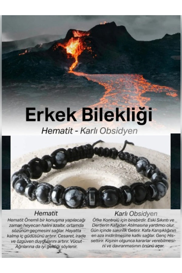 Erkek Bilekliği Orijinal Hakiki Sertifikalı Karlı Obsidyen - Hematit İpli Doğal Taş Bileklik 6mm