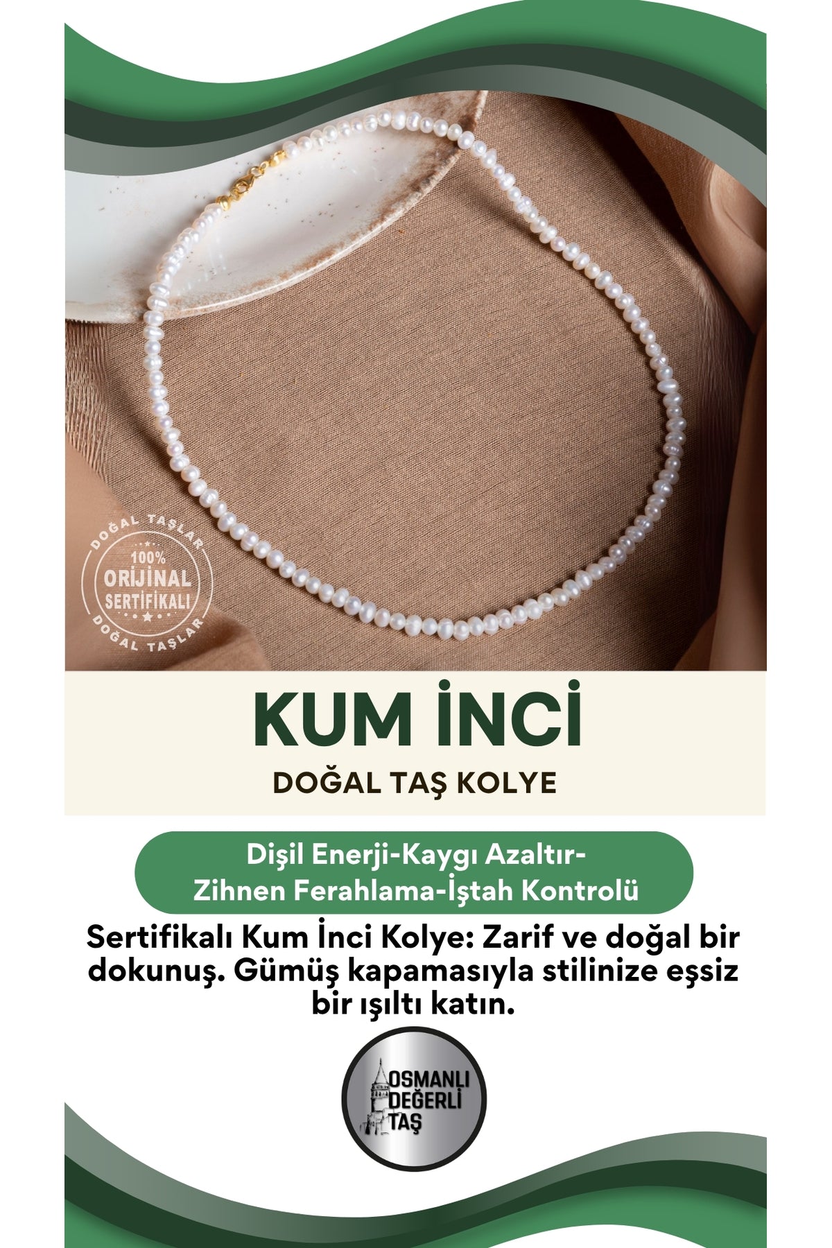 SERTİFİKALI Kum İnci Doğal Taş Gümüş Kapama Kolye