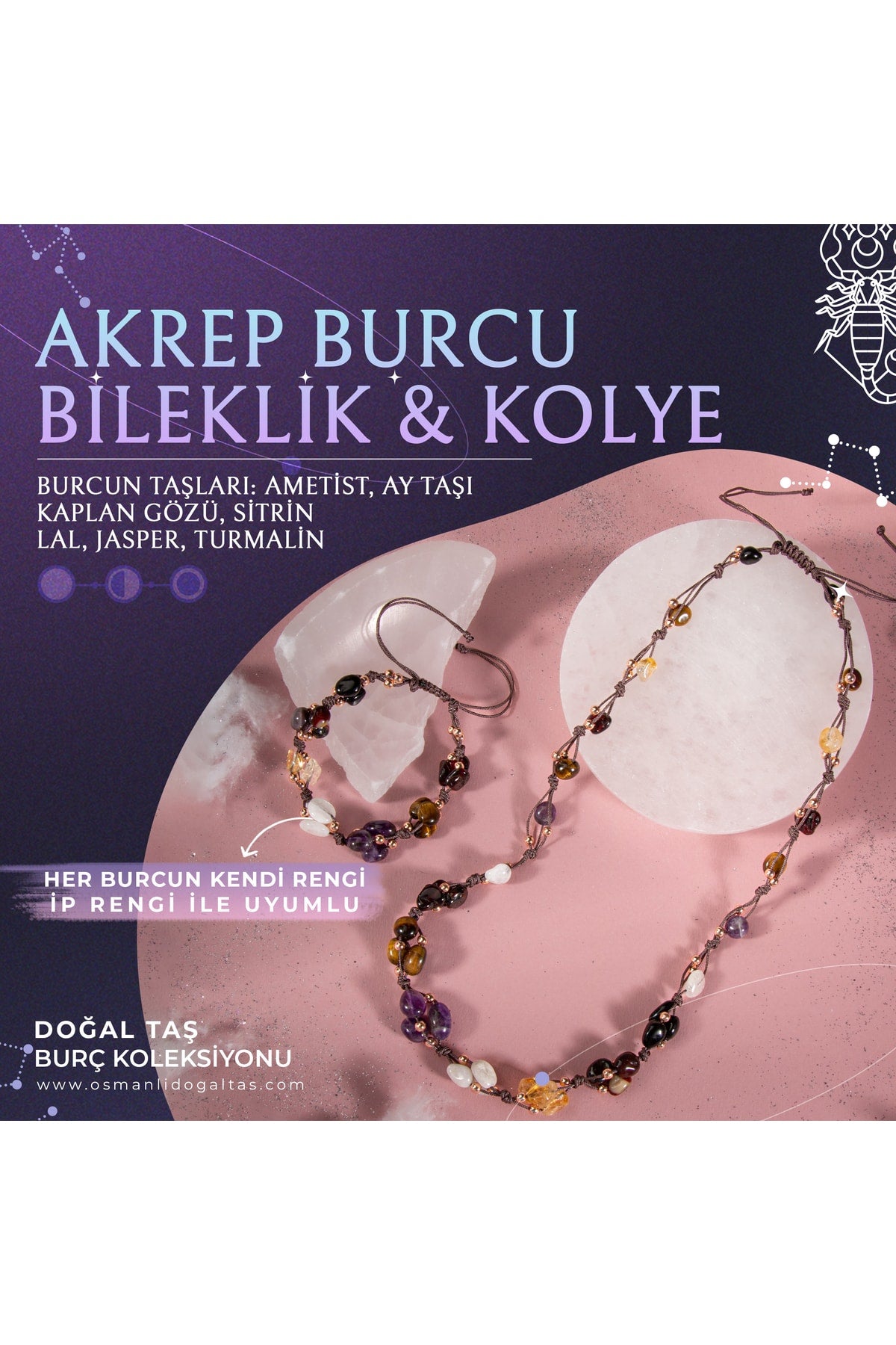 Akrep Burcu Doğal Taş Natürel Makrome Kolye Bileklik Seti