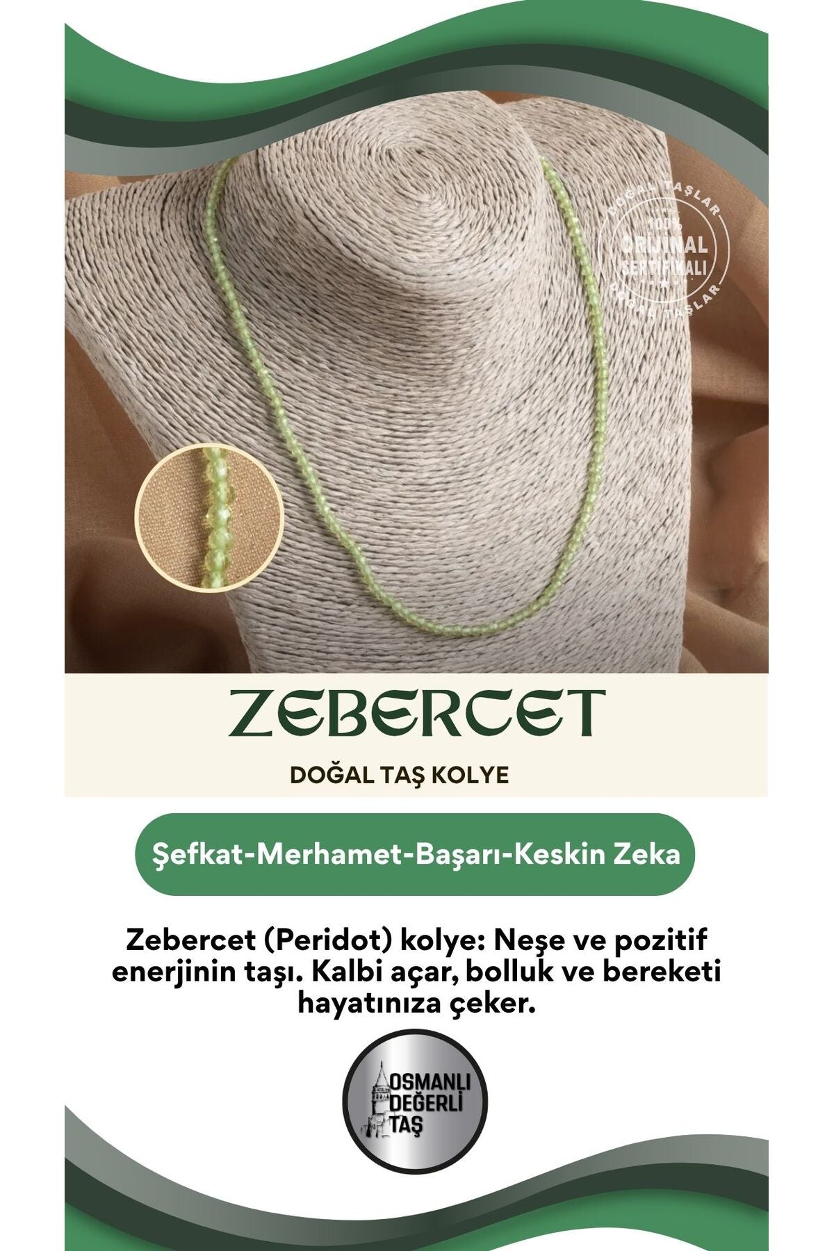 Sertifikalı Zebercet Doğal Taş Kolye