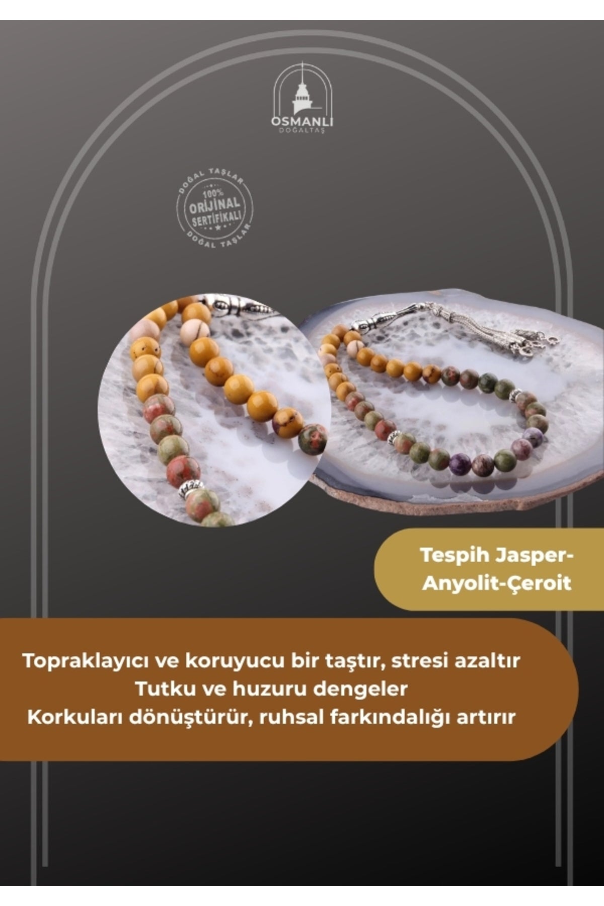 Sertifikalı Akrep Burcu 33'lük Tesbih Jasper-anyolit-çeroit T025