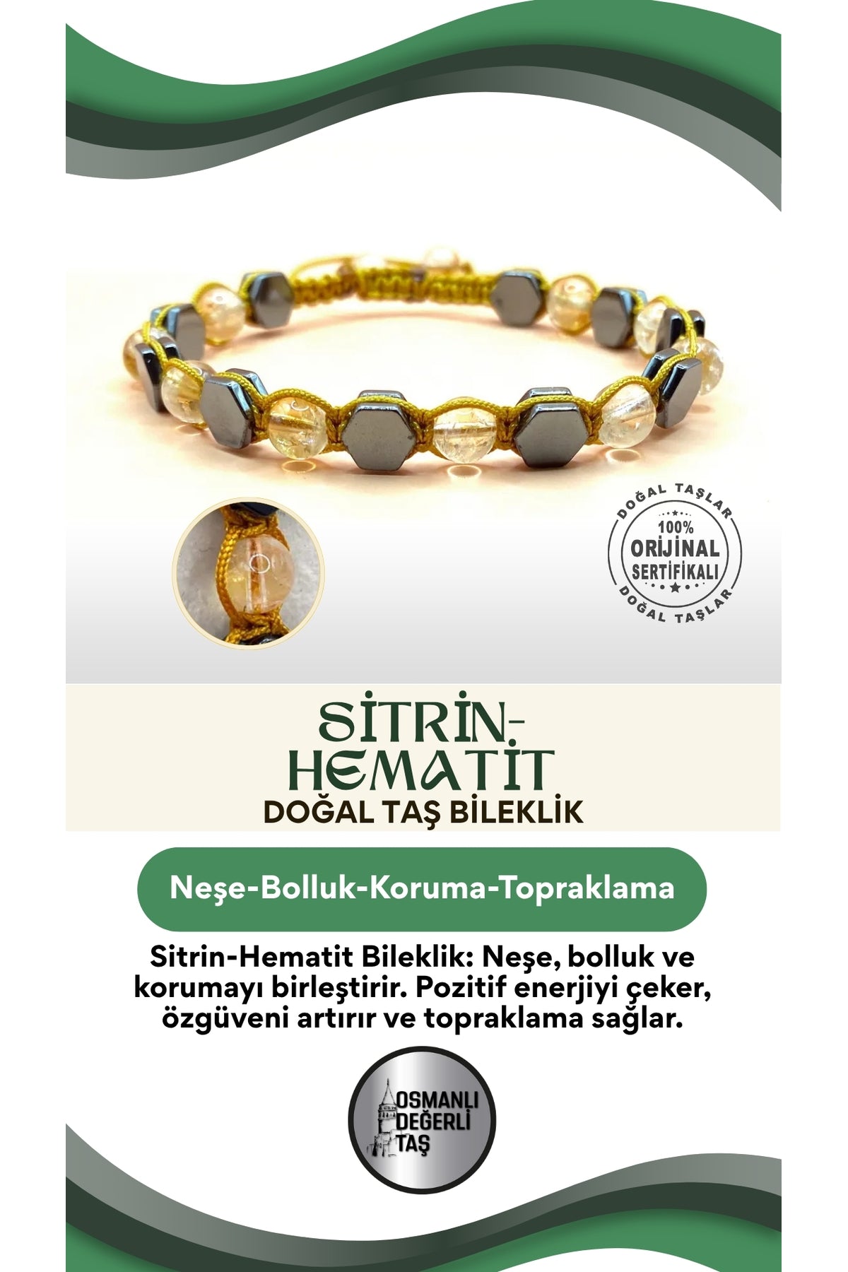 Sitrin-Hematit Doğal Taş Bileklik Taş Üzeri İpli Model