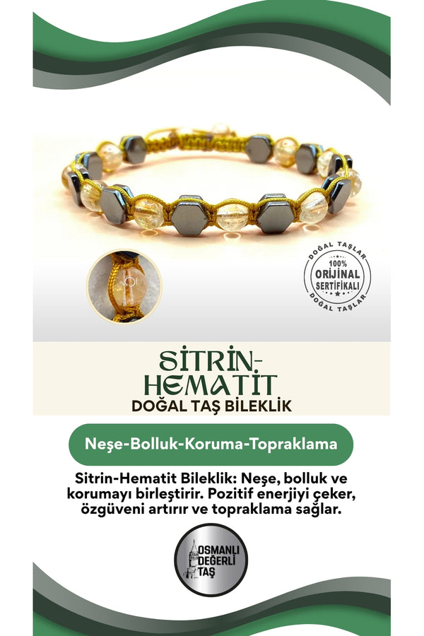 Sitrin-Hematit Doğal Taş Bileklik Taş Üzeri İpli Model