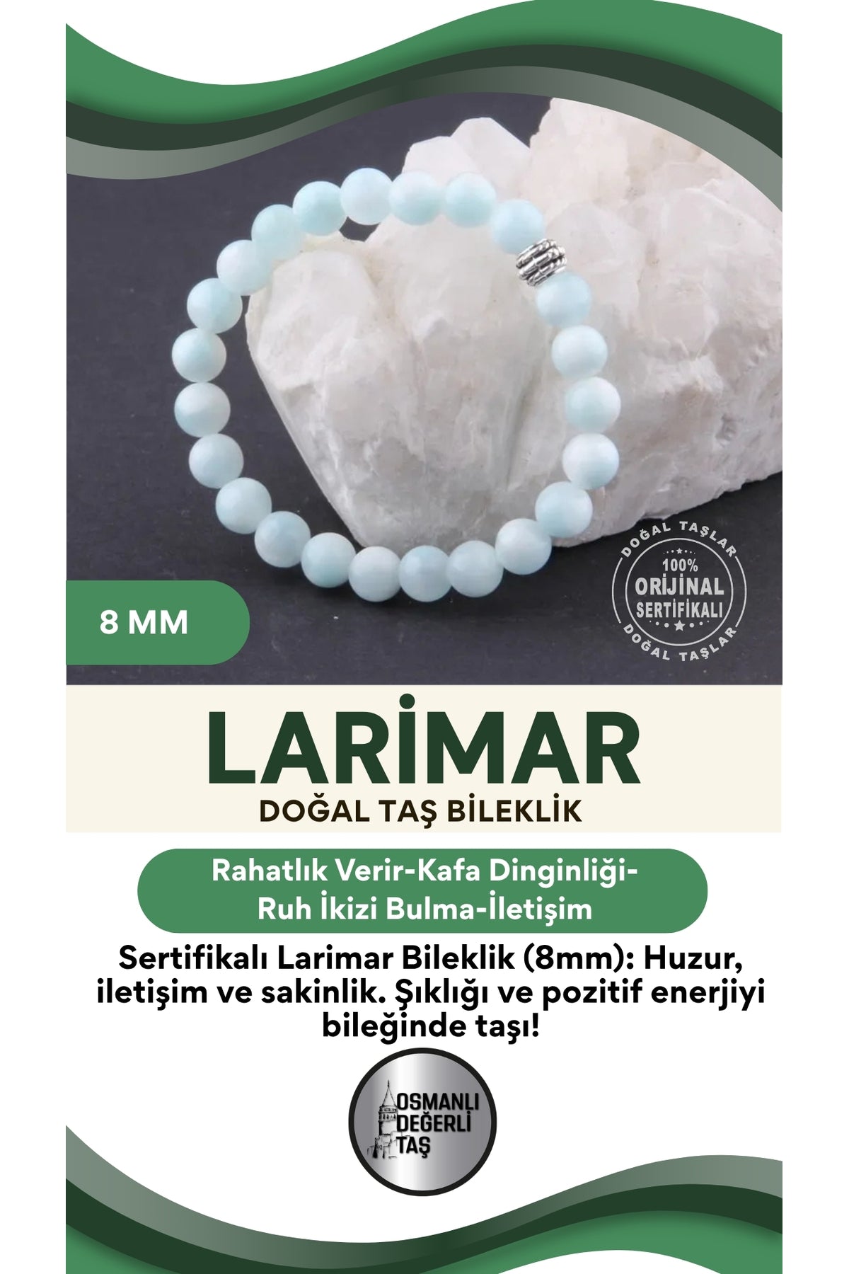 Sertifikalı Larimar Doğal Taş Bileklik 8 Mm B880