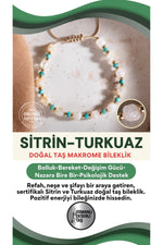 SERTİFİKALI Sitrin-Turkuaz Doğal Taş Makrome Ayarlanabilir Bileklik