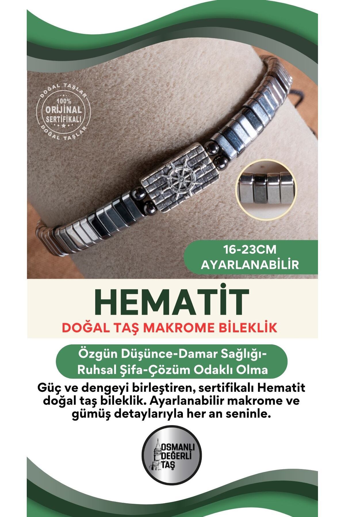 SERTİFİKALI Hematit Doğal Taş Makrome Ayarlanabilir Gümüş Bileklik No:7