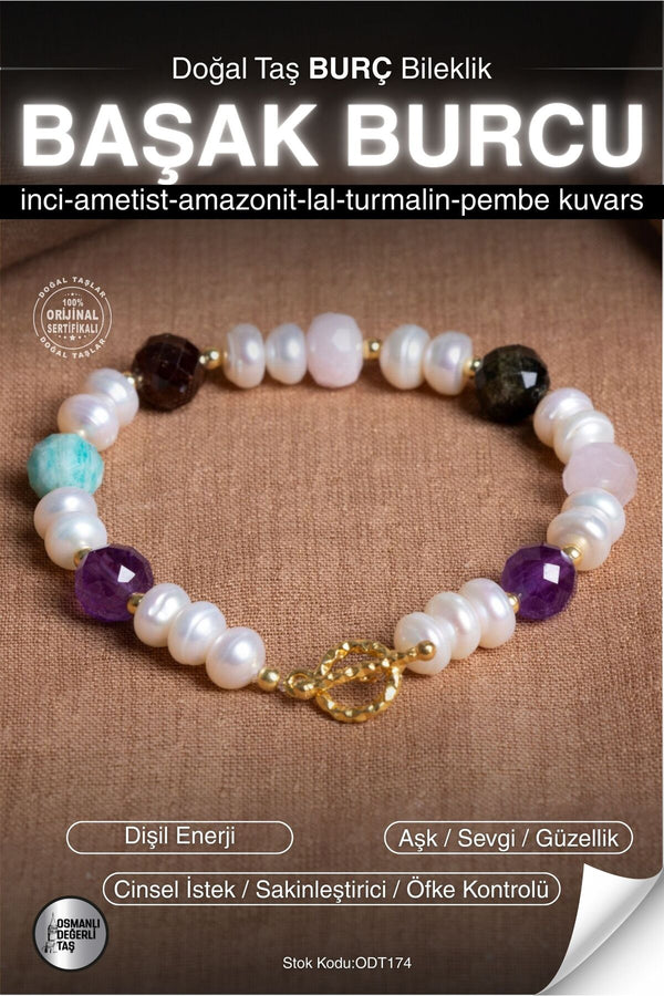 SERTİFİKALI Ametist-Amazonit-Lal-Turmalin-İnci Başak Burç Doğal Taş Gümüş Aparat Bileklik ODT174