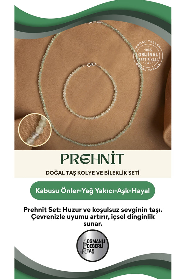 Sertifikalı Prehnit Doğal Taşı Faset Kesim Kolyeli Bileklik Seti