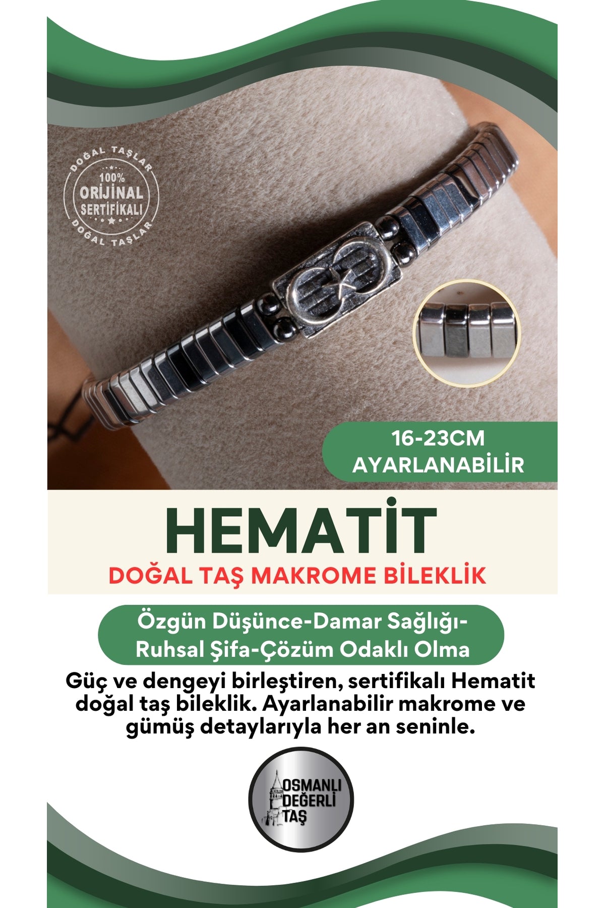 SERTİFİKALI Hematit Doğal Taş Makrome Ayarlanabilir Gümüş Bileklik No:2