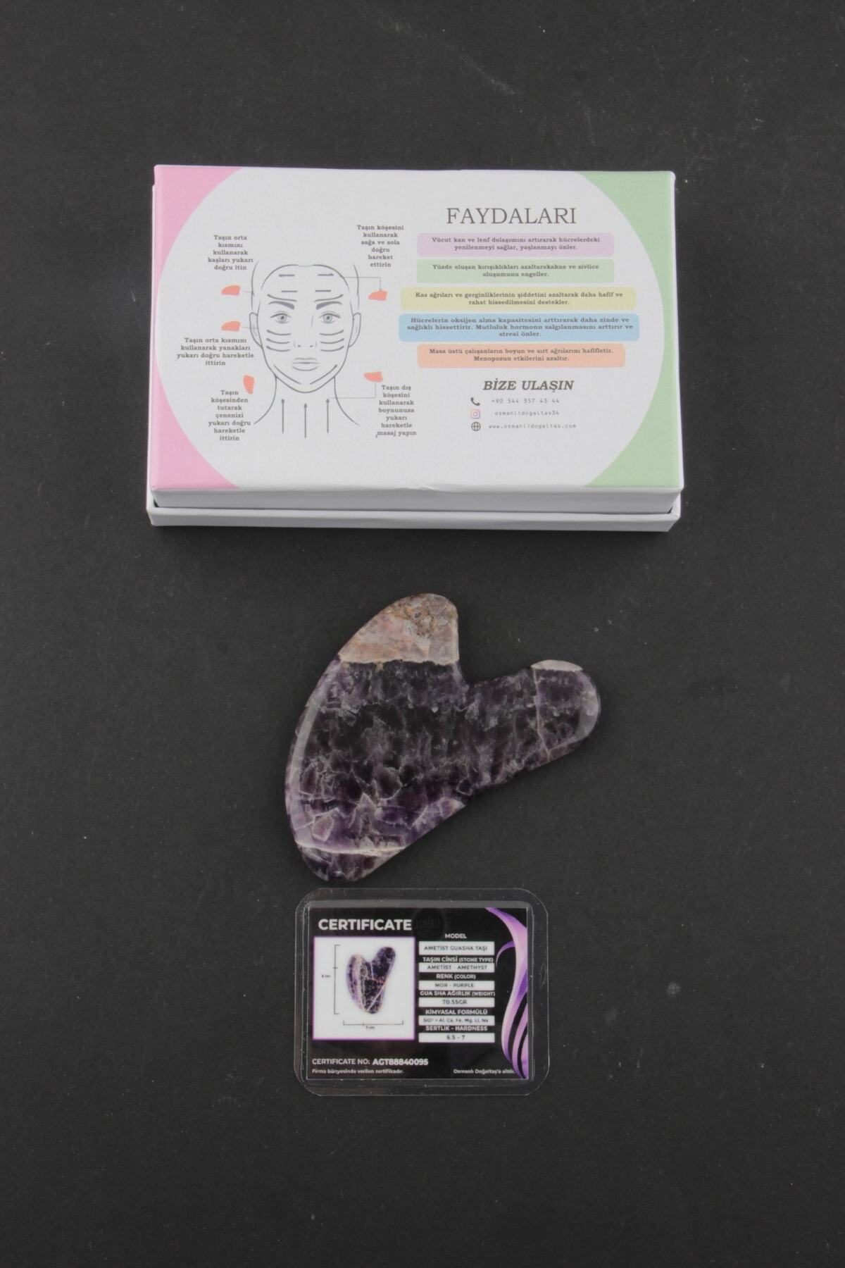 Sertifikalı Ametist Doğal Taşı Kalpli Gua Sha Masaj Taşı