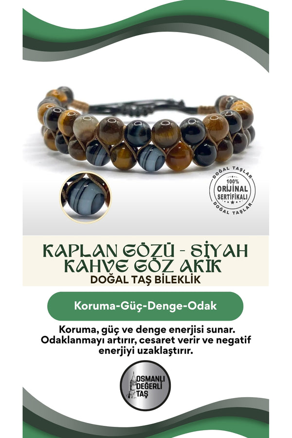 Kaplan Gözü - Siyah Kahve Göz Akik Doğal Taş Makrome Bileklik Çift Taşlı Örgü