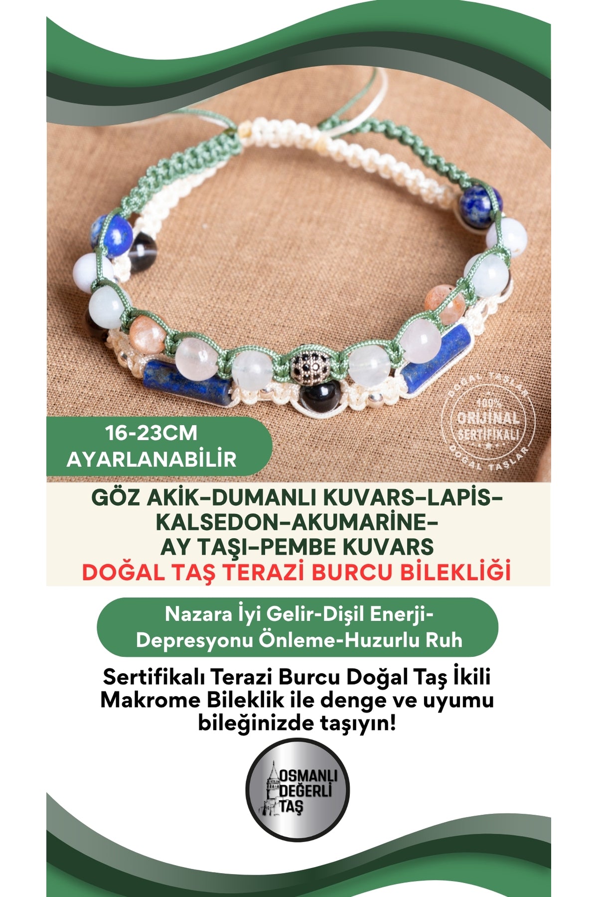 SERTİFİKALI Terazi Burcu Doğal Taş İkili Makrome Bileklik