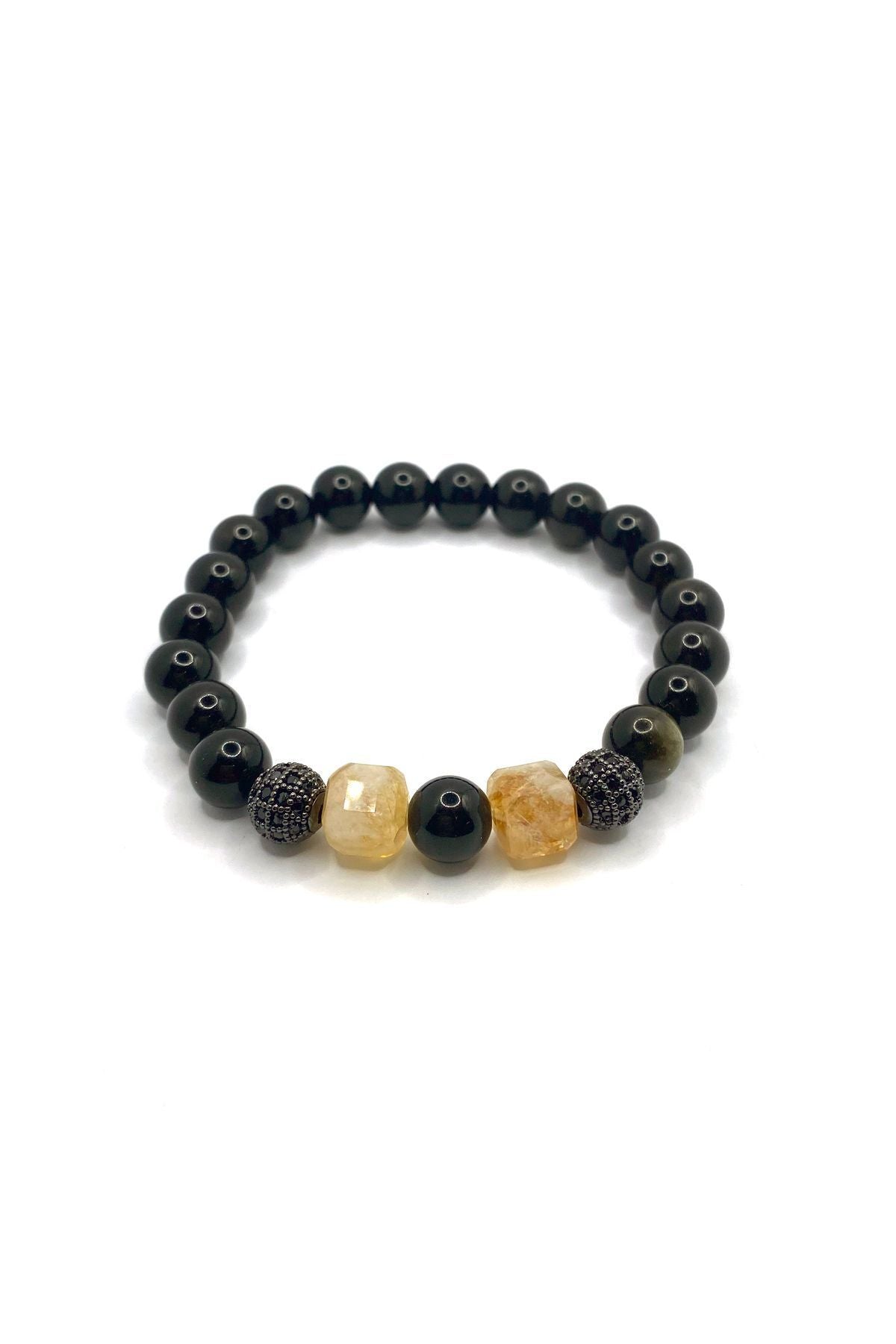Orijinal Hakiki Sitrin - Obsidyen Siyah Zirkon Doğal Taş Bileklik 8mm