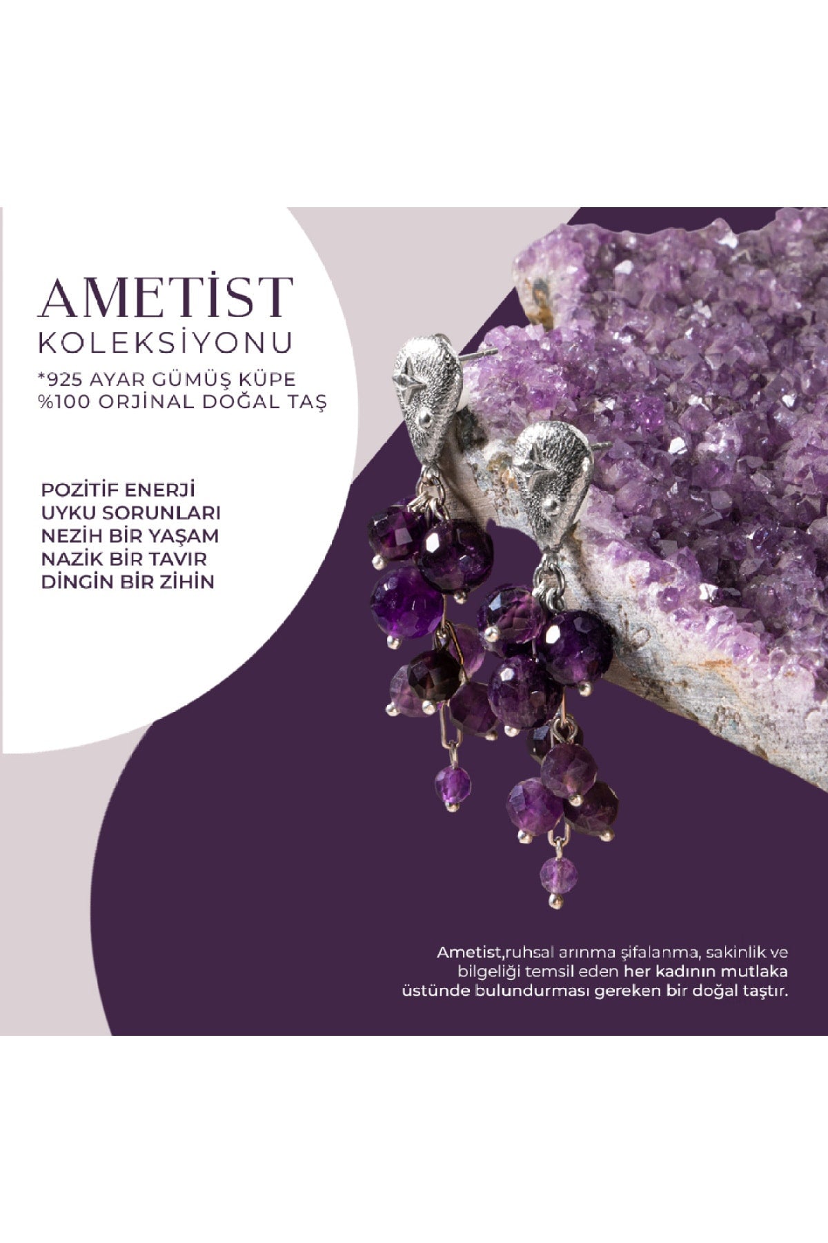 Sertifikalı Ametist Doğal Taşlı El Işçiliği Salkım Tasarım Gümüş Küpe