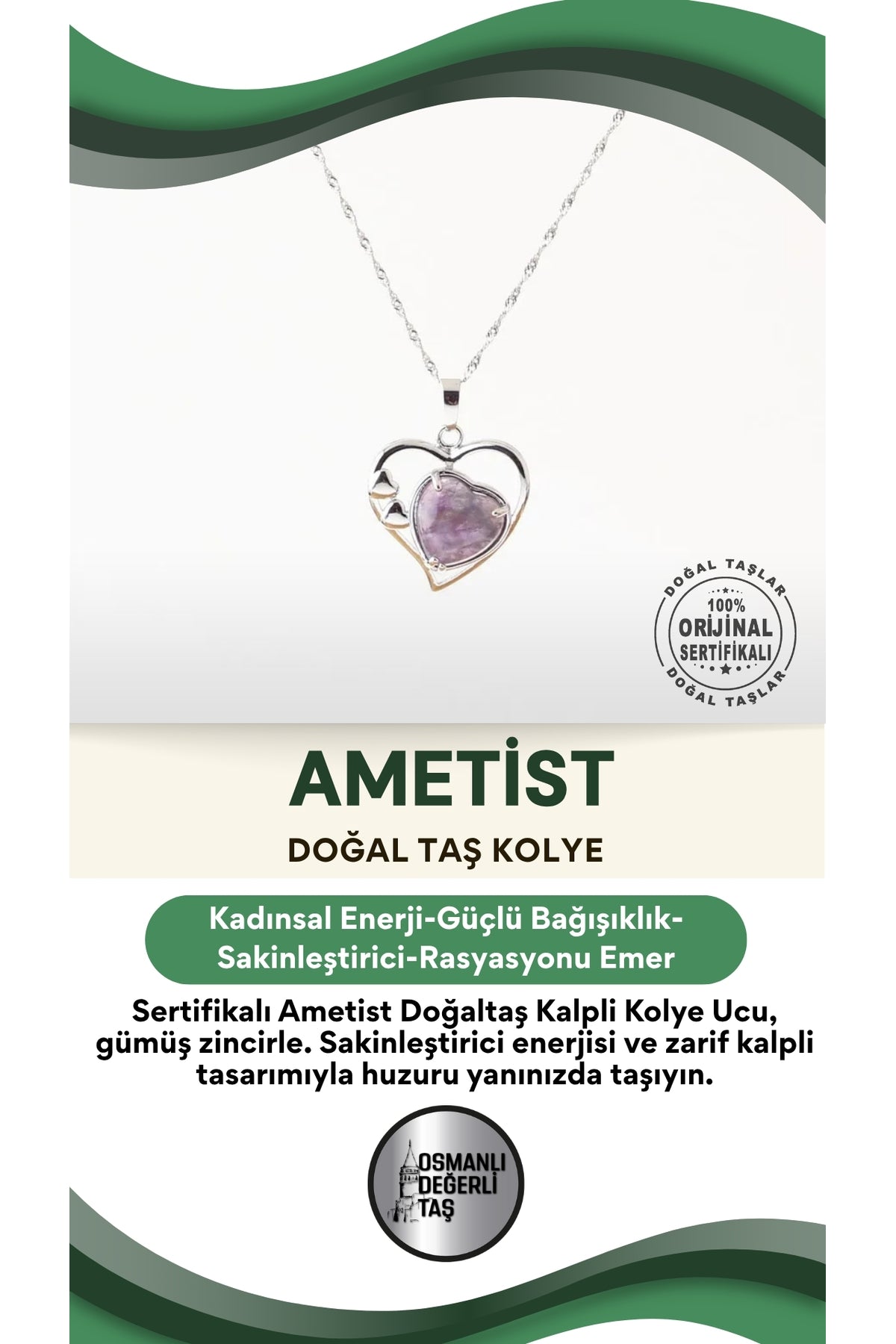 Sertifikalı Ametist Doğaltaş Kalpli Kolye Ucu, Gümüş Zincirle Birlikte Ku010
