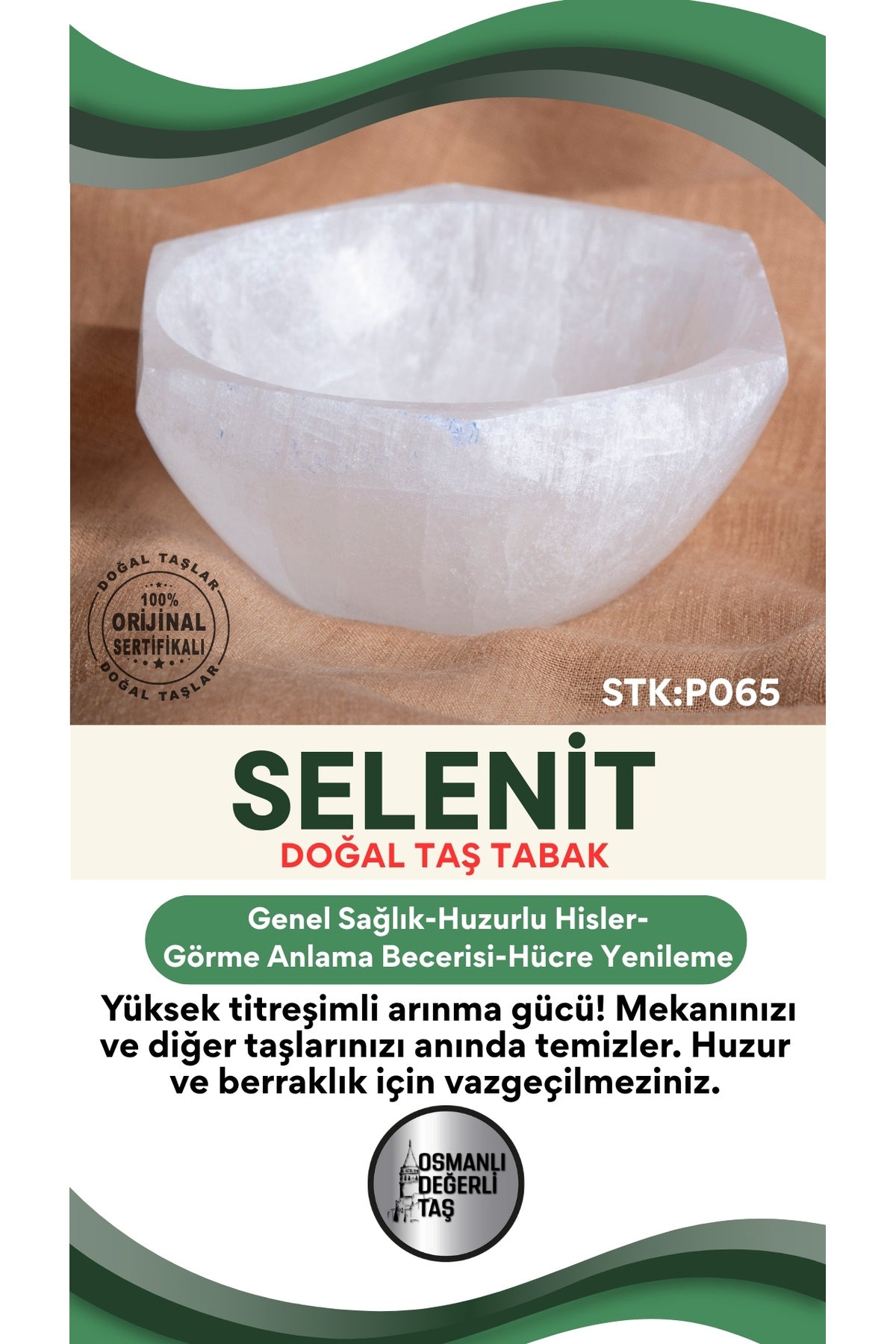 Sertifikalı Selenit Doğal Taş Altıgen Tabak P065