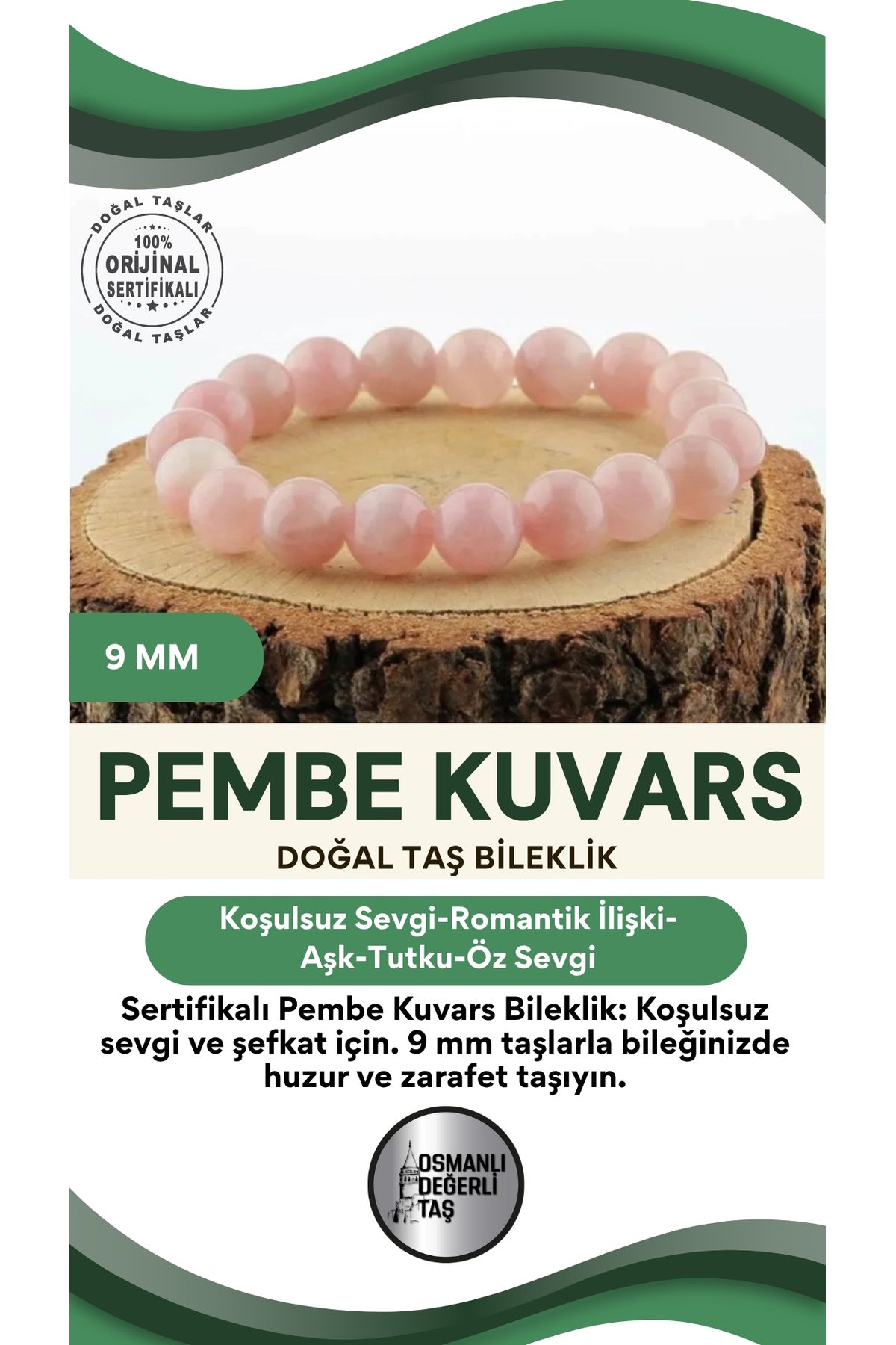 Sertifikalı Pembe Kuvars Taşı Doğal Taş Bileklik 9mm