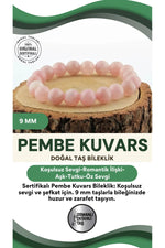 Sertifikalı Pembe Kuvars Taşı Doğal Taş Bileklik 9mm