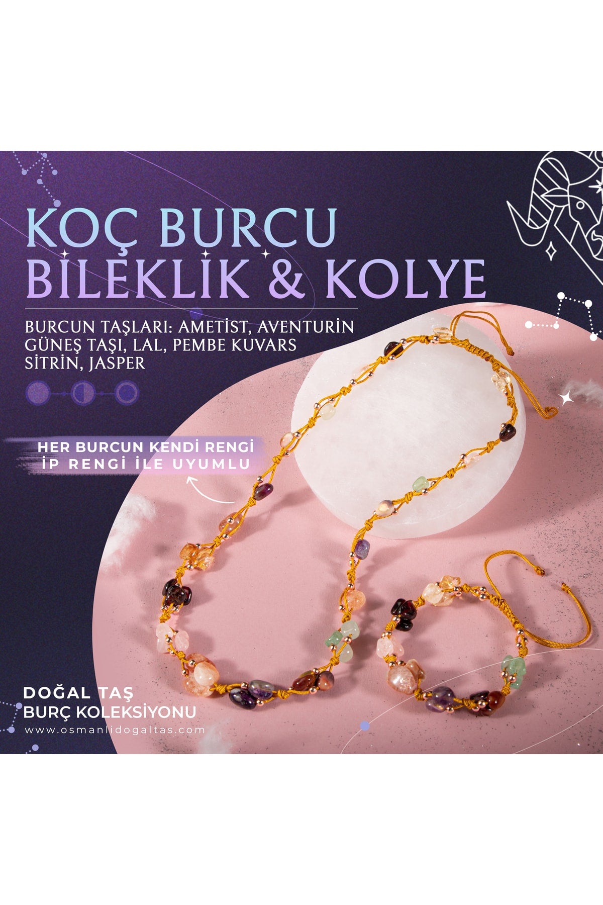 Koç Burcu Doğal Taş Natürel Makrome Kolye Bileklik Seti