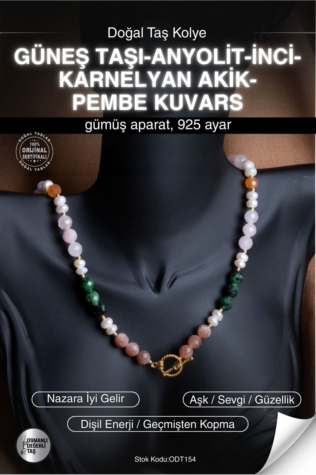 SERTİFİKALI Güneş Taşı-Anyolit-İnci-Karnelyan Akik-Pembe Kuvars Doğal Taş Gümüş Aparat Kolye ODT154
