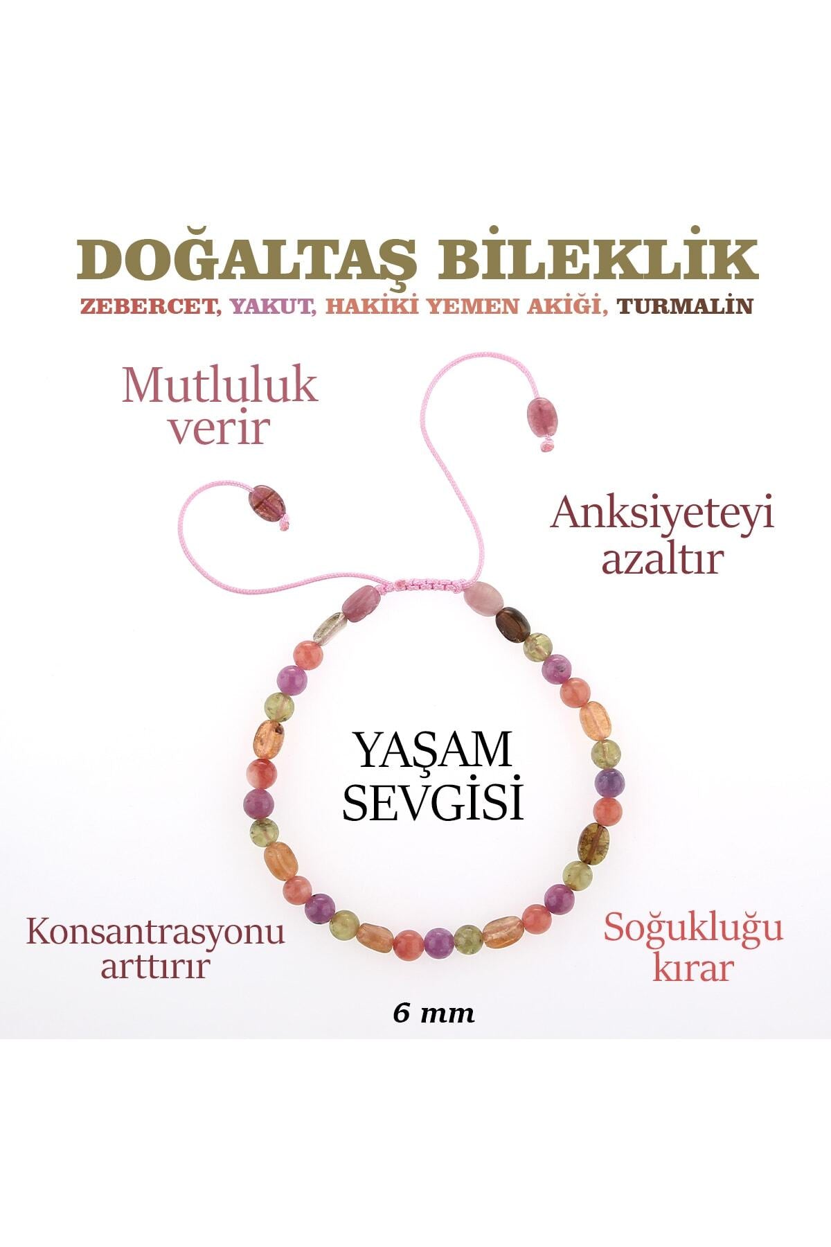 Sertifikalı Zebercet, Yakut, Hakiki Yemen Akiği, Turmalin Doğaltaş Bileklik 6 Mm, B907