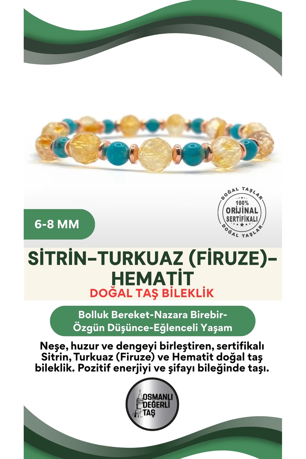 Sertifikalı Hakiki Orijinal 8mm Sitrin - 6mm Turkuaz (Firuze) - Hematit Doğal Taş Misinalı Bileklik