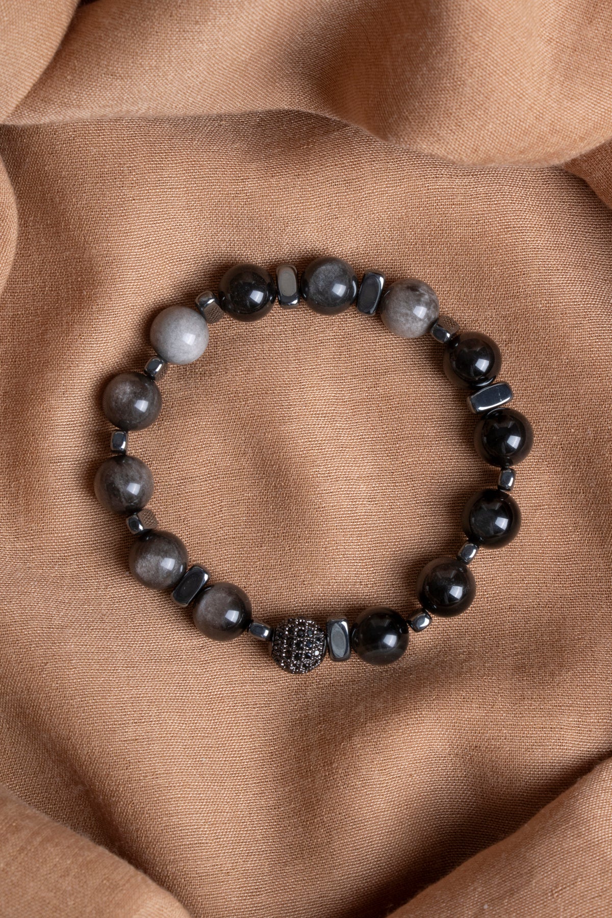 SERTİFİKALI Silver Obsidyen-Hematit Doğal Taş Zirkon Aparat Bileklik ODT199