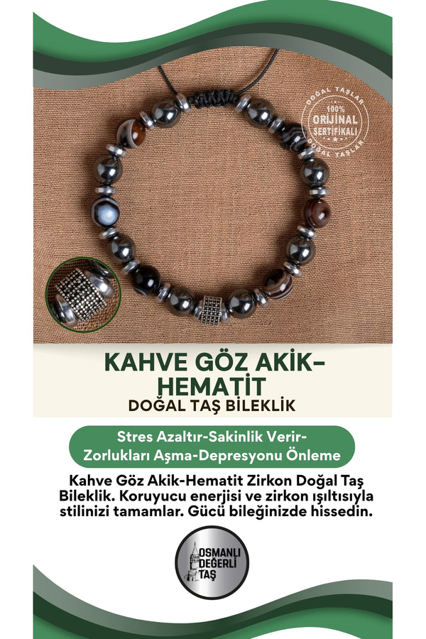SERTİFİKALI kahve göz akik - hematit Zirkon doğal Taş Bileklik