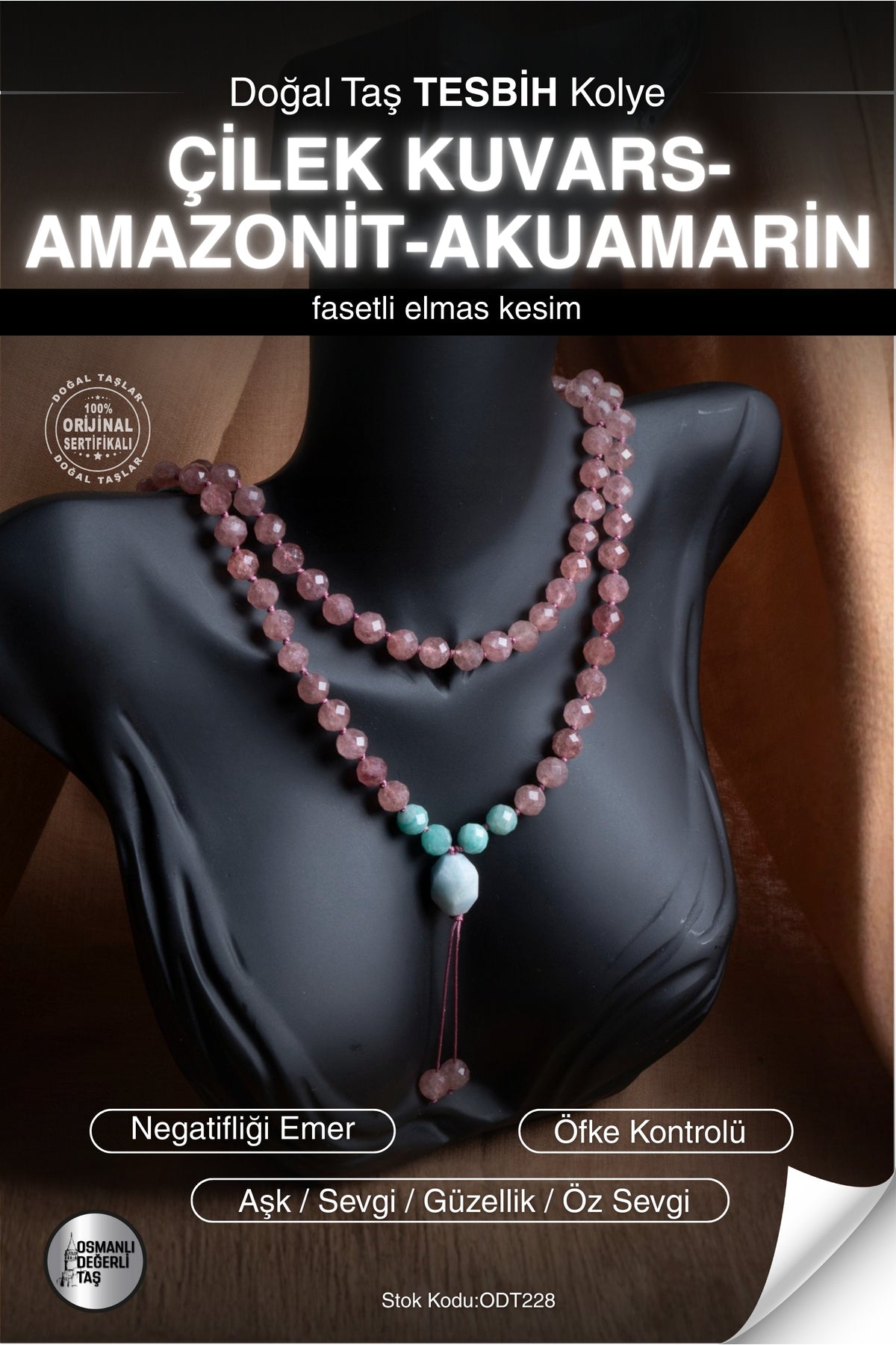 SERTİFİKALI Çilek Kuvars-Amazonit-Akuamarin Doğal Taş Tesbih Kolye ODT228