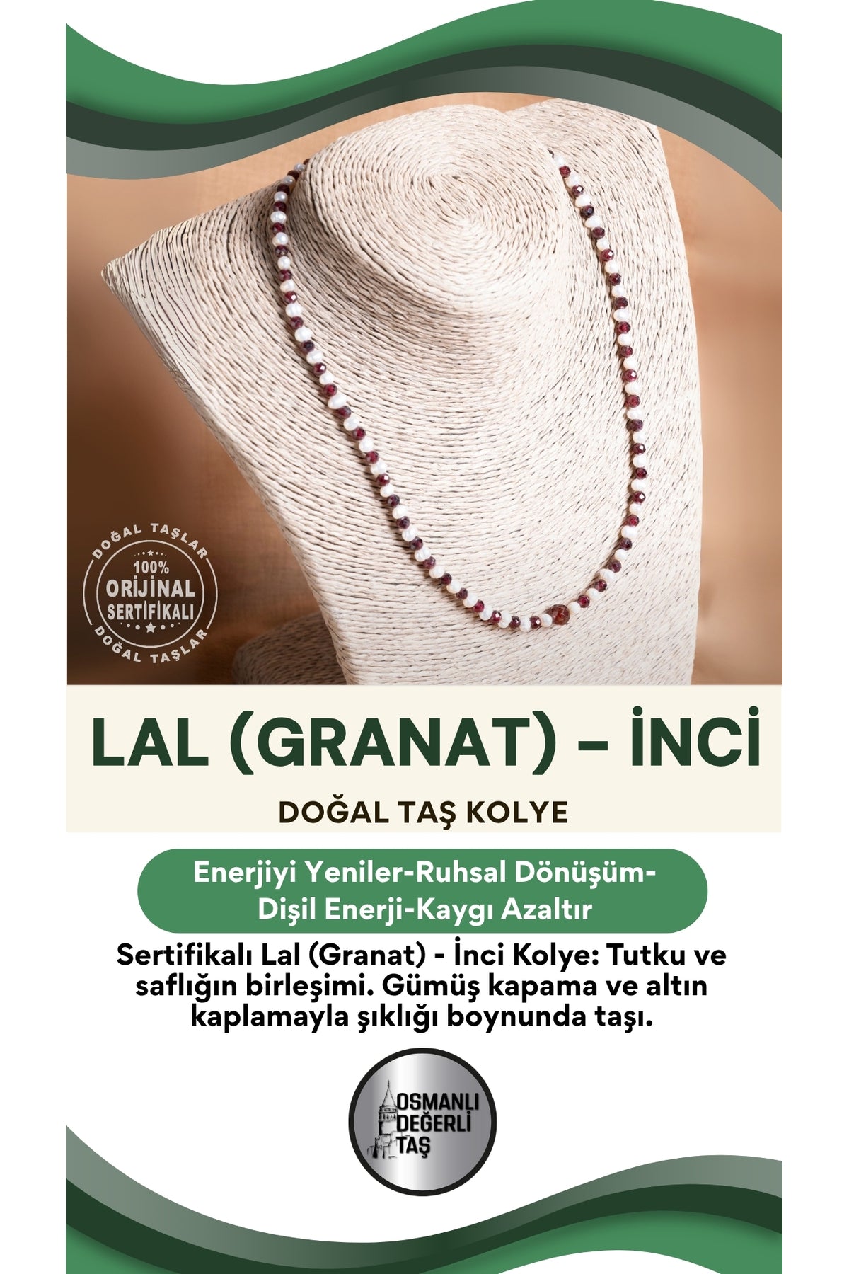 SERTİFİKALI Lal(Granat )-İnci Doğal Taş Gümüş Kapama Altın Kaplama Kolye