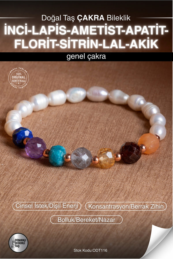 Sertifikalı İNCİ-LAPİS-AMETİST-APATİT-FLORİT-SİTRİN-LAL-AKİK Doğal Taş Bileklik ODT116