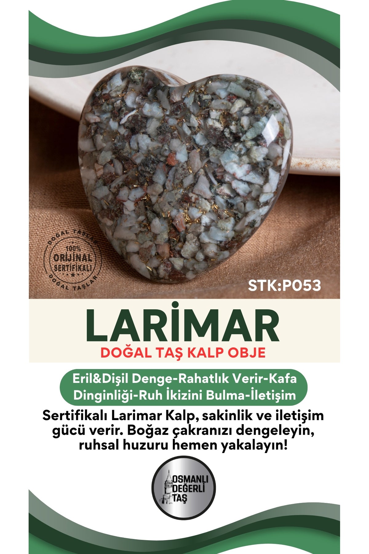Sertifikalı Larimar Doğal Taş Kalp Obje P053