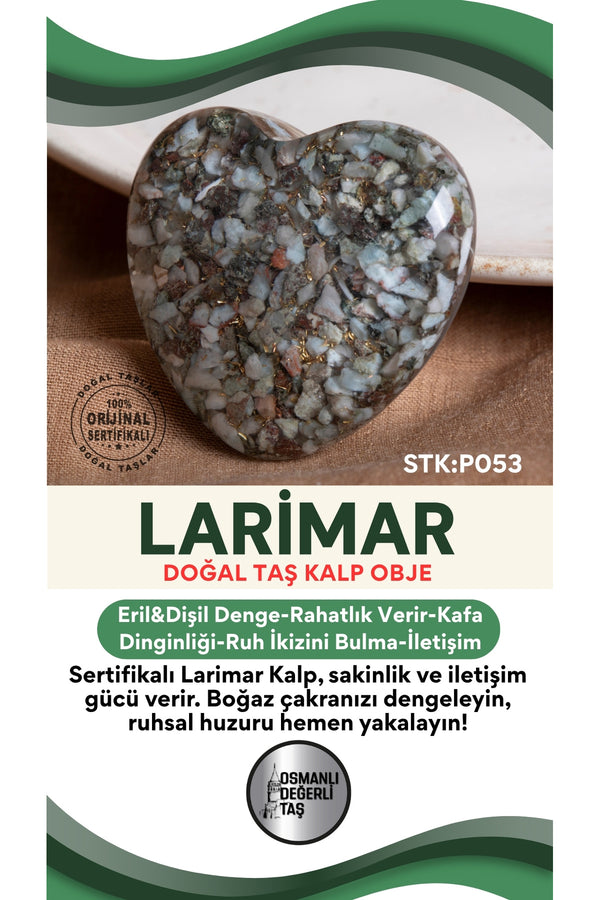Sertifikalı Larimar Doğal Taş Kalp Obje P053