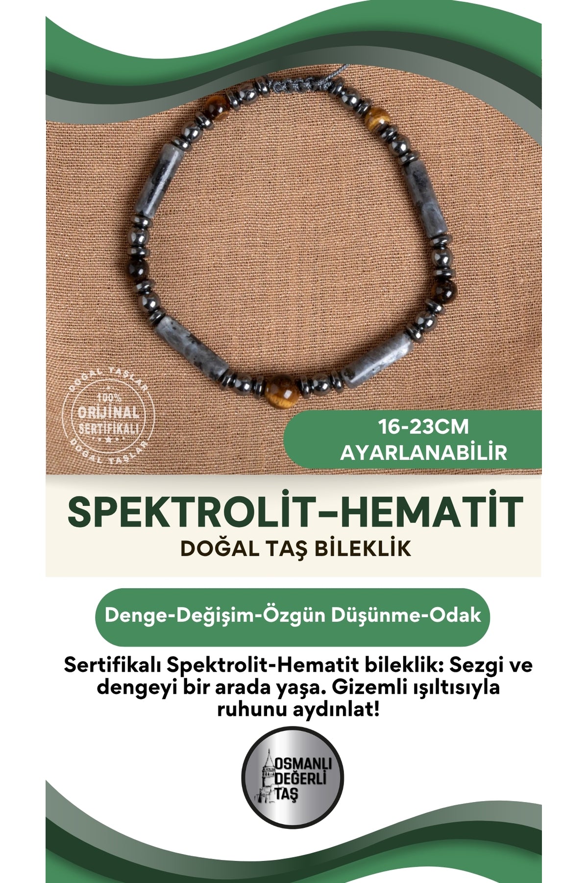 SERTİFİKALI spektrolit ve hematit Doğal Taş Makrome Bileklik