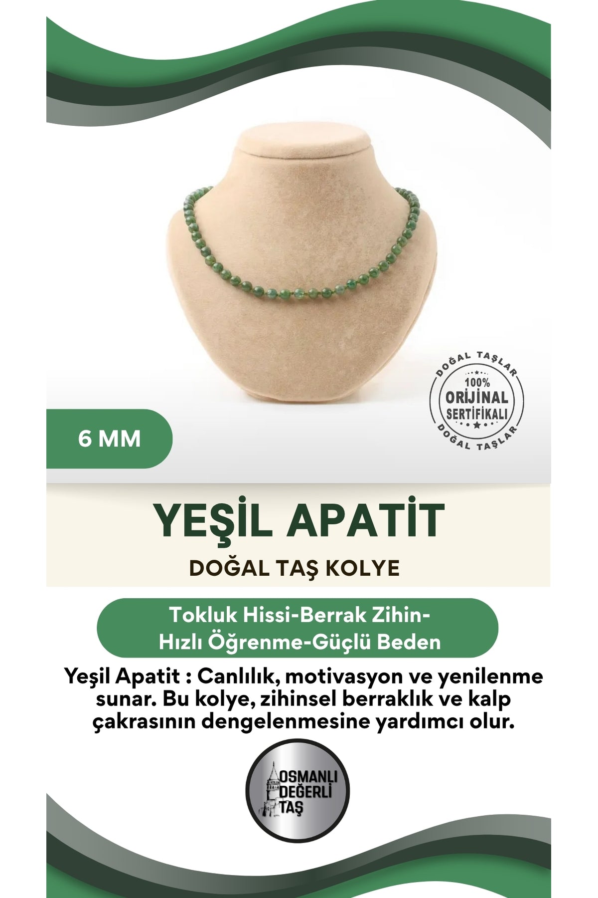 Sertifikalı Yeşil Apatit Doğaltaş Kolye 6 Mm, M601