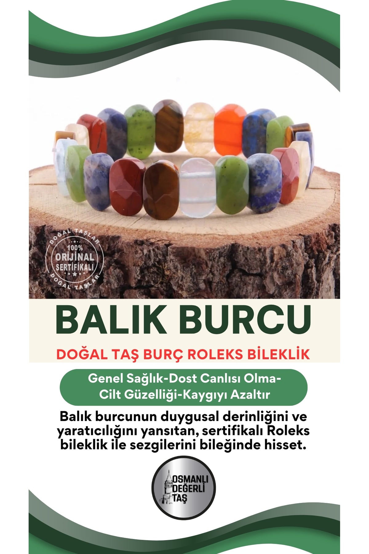 Sertifikalı Balık Burcu Doğal Taş Roleks Bileklik B025