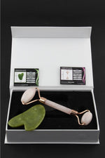Sertifikalı Pembe Kuvars Masaj Taşı Roller Ve Yeşim Gua Sha (KALP TASARIMLI) Set