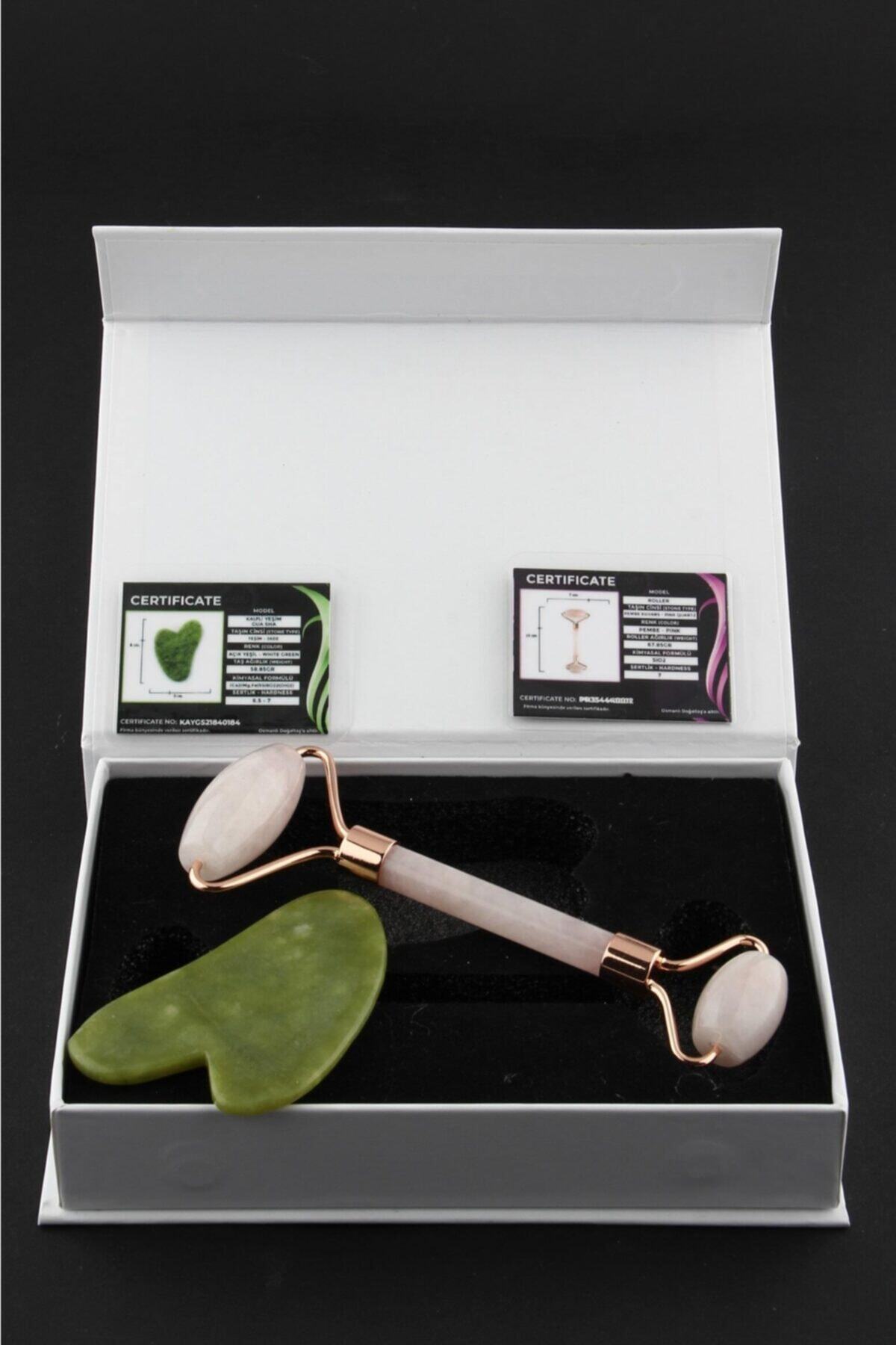 Sertifikalı Pembe Kuvars Masaj Taşı Roller Ve Yeşim Gua Sha (KALP TASARIMLI) Set