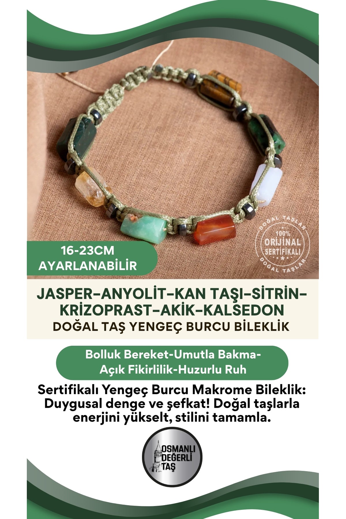 SERTİFİKALI Yengeç Burcu Doğal Taş Makrome Ayarlanabilir Bileklik