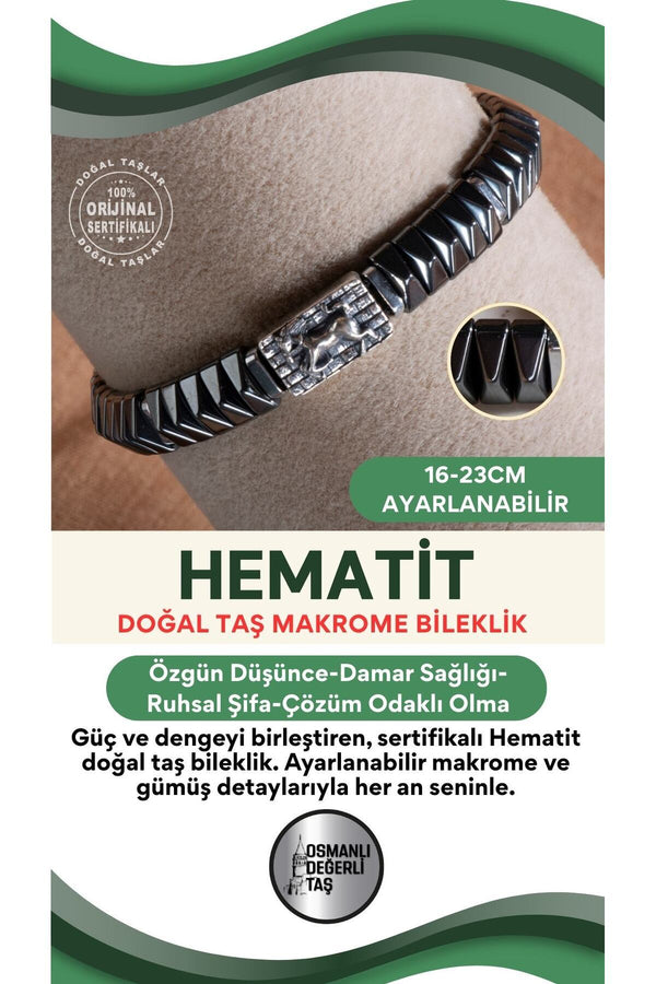 SERTİFİKALI Hematit Doğal Taş Makrome Ayarlanabilir Gümüş Bileklik No:11