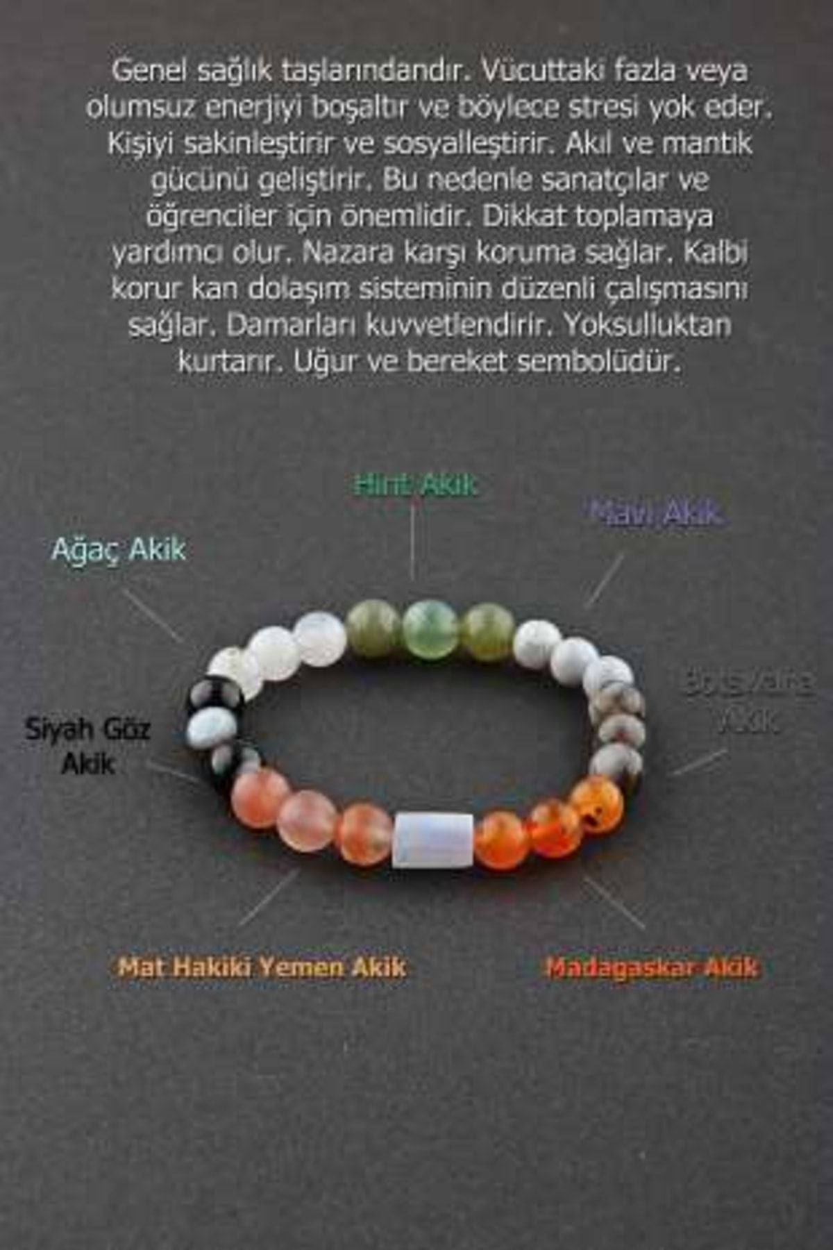 Doğal Taş Bileklik - Hint-Mavi Bostwana , Madagaskar-Mavi Dantelli Mat Hakiki-Yemen Siyah Akik-Ağaç