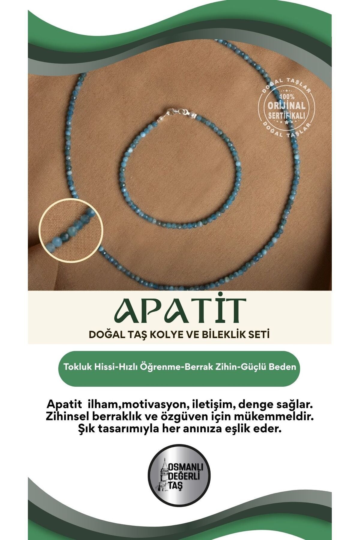 Sertifikalı Apatit Doğal Taş Kolye ve Bileklik Seti