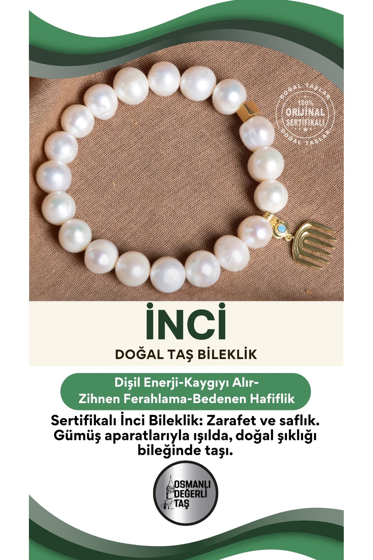 SERTİFİKALI İnci Doğal Taş Gümüş Aparatlı Bileklik