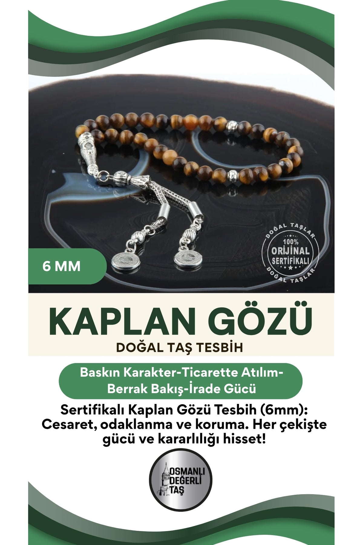 Sertifikalı Kaplan Gözü Doğaltaş Tesbih 6 Mm, T204