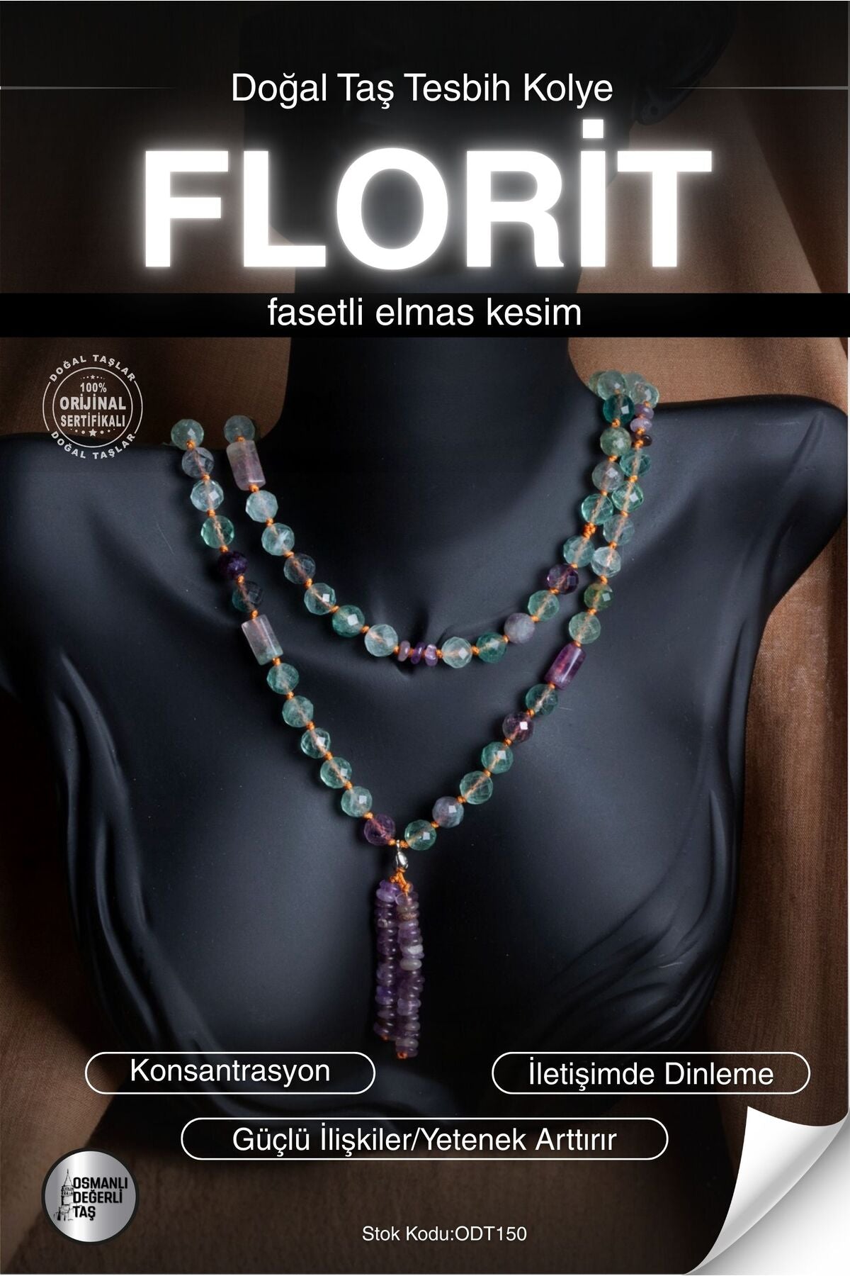 SERTİFİKALI Florit Doğal Taş Fasetli Elmas Kesim Tesbih Kolye ODT150
