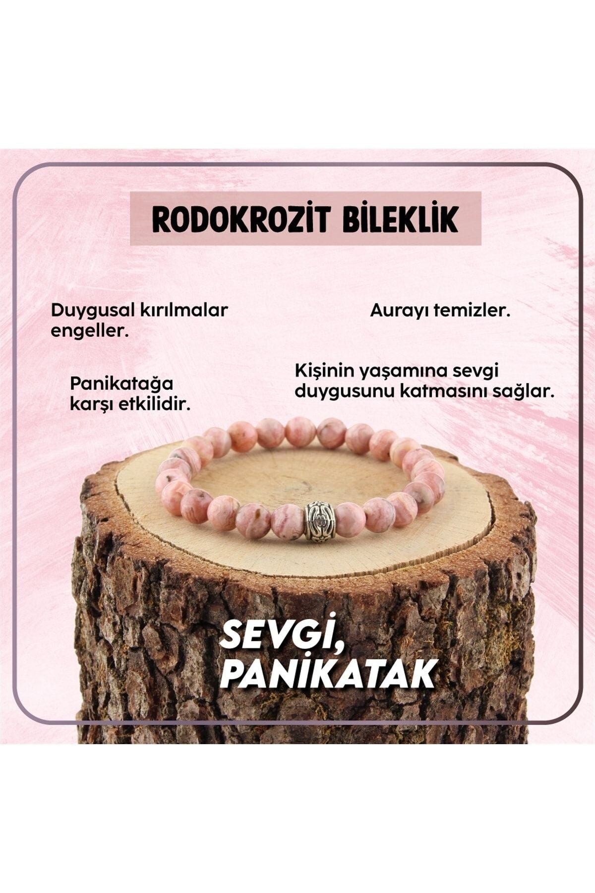 Sertifikalı Rodokrozit Doğaltaş Bileklik 6 Mm Pembe B258